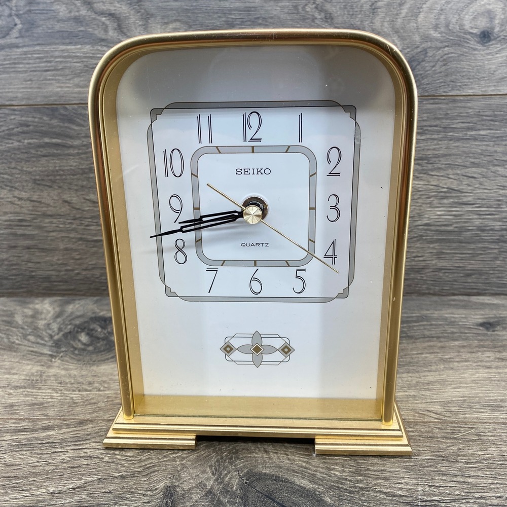 Seiko Quartz Mantle Clock Gold Art Deco QXG801GL Brushed Metal